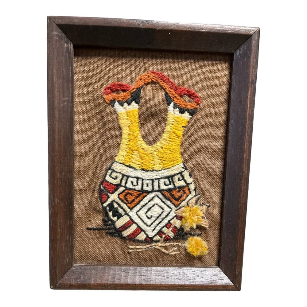 Vintage Native American Indian Crewel Embroidery Framed Wall Art, Completed Weav